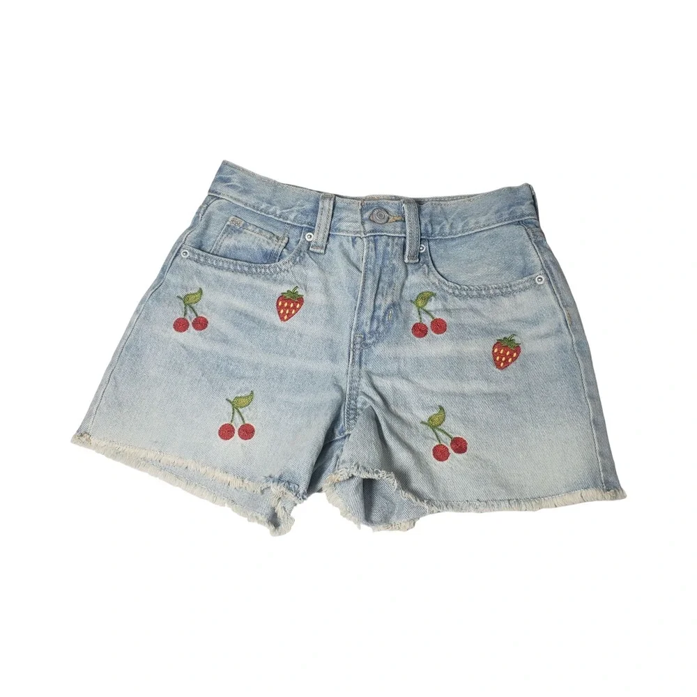 Old Navy Girls 10 High Rise Fruit Embroidered Denim Shorts Wash Cherry 2.5
